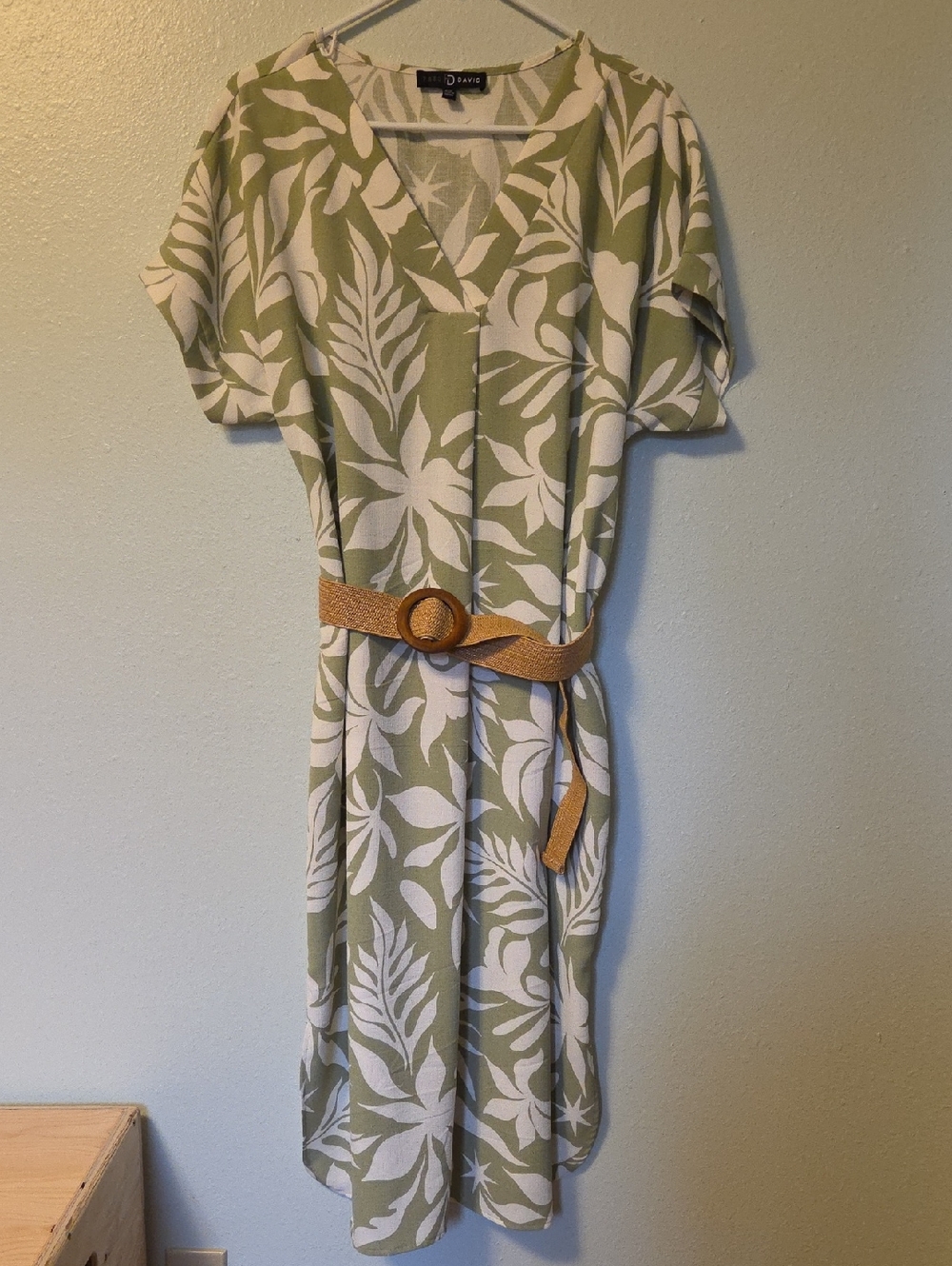Fred David Sage Green & White Leaf Print Dress